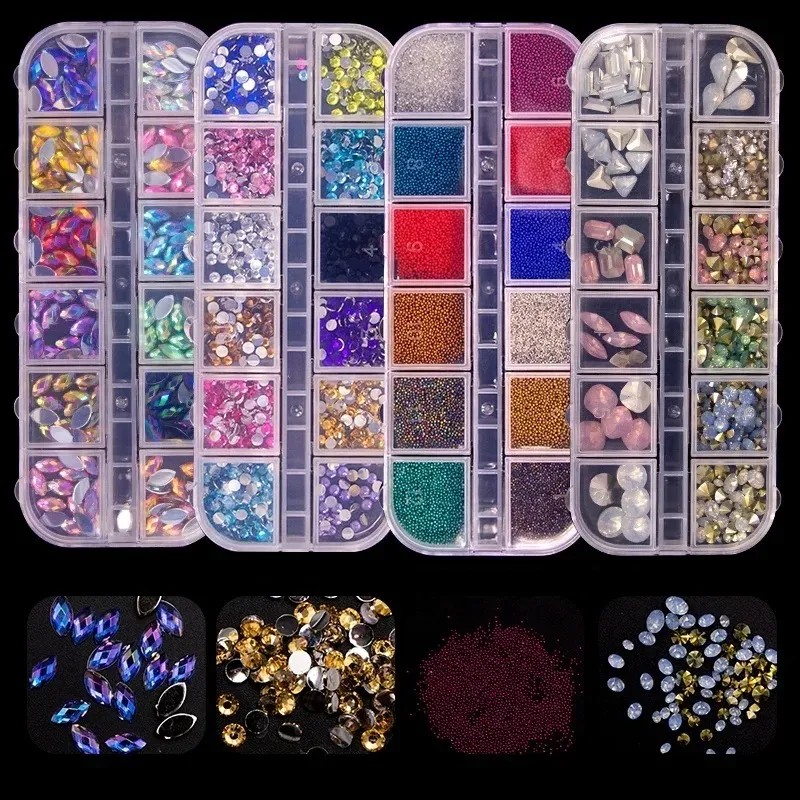 12 Nail Art Accessories AB Transparent Rhinestone 3D Glitter Gems Pearl DIY Manicure Decoration Nail Supplies for Professionals