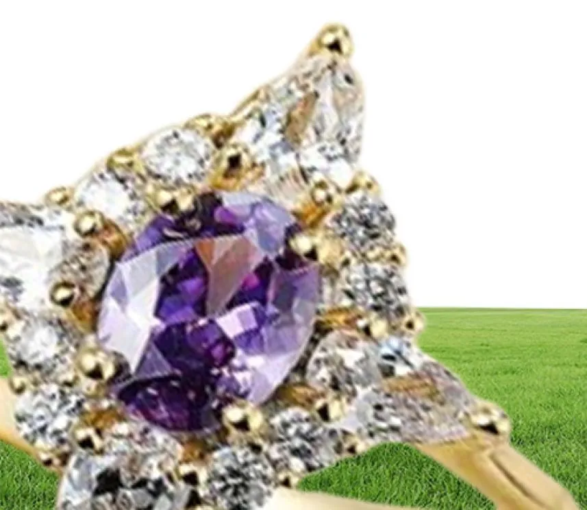 Обручальные кольца Элегантное женское фиолетовое хрустальное каменное кольцо винтажное желтое золото цвет