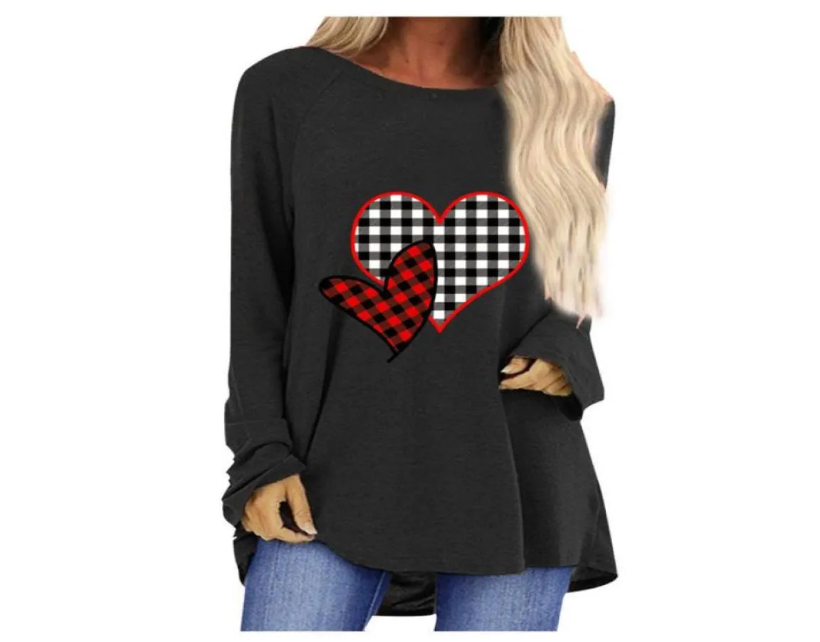 2021 Valentines Day Women Long Sleeve T Shirts Plaid Heart Printing Tshirt Pullovers Casual Sports Sweatshirt Topps Autumn Blus 17424345