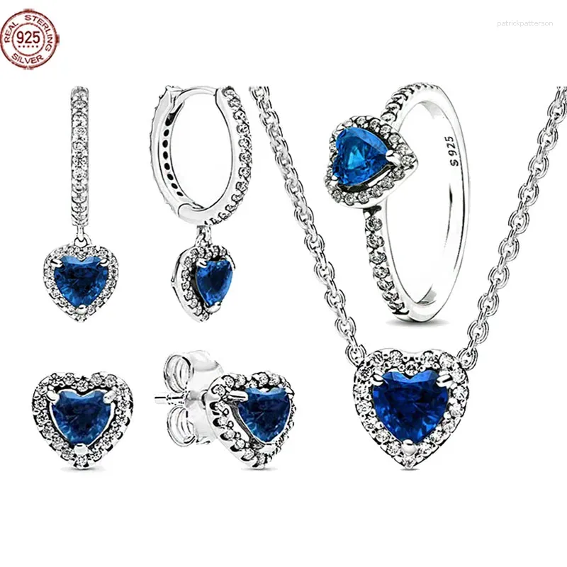 Loose Gemstones Selling Deep Blue Heart-shaped Jewelry Set 925 Sterling Silver Shiny Ring Necklace Earrings Charm Gifts