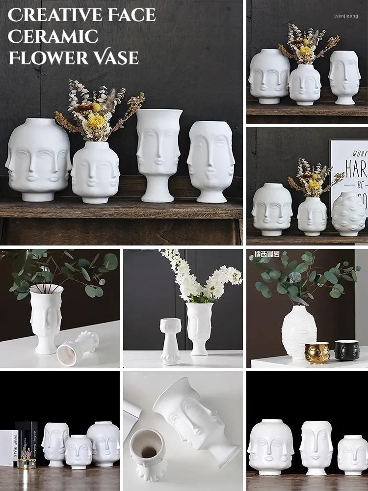 Vasi Creative Face Ceramic Flower Vase Artificial Flowers White for Human Design Home Decor