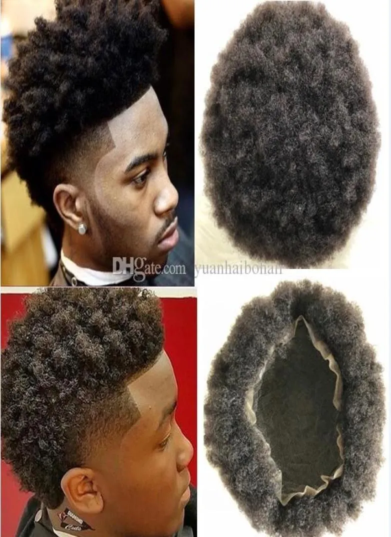 Mens Hairpieces Afro Curl Human Hair Full Lace Toupee Brown Black Color Peruvian Virgin Hair Men Hair Replacement Toupee for Black8666556