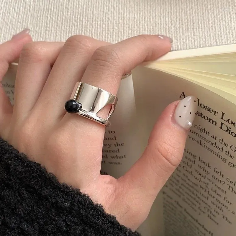 Кластерные кольца Panjbj 925 стерлингового стерлингового стержня черное кольцо агата для женской девочки подарок, выпускающий геометрию, широкие модные украшения для модных украшений