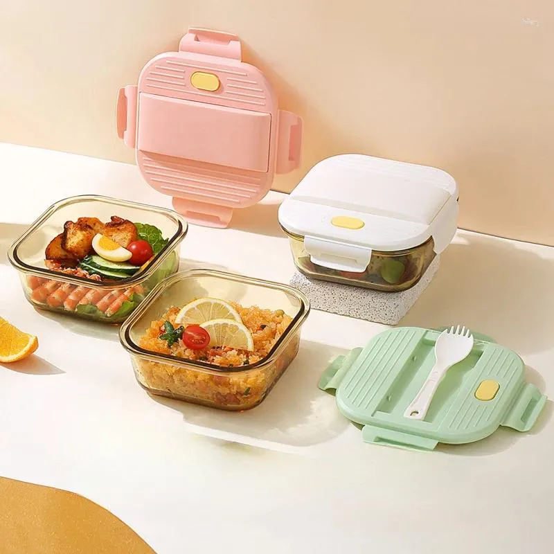 Dinnerware Simple Fresh Portable Glass Lunch Box With Tableware For Office Workers Microwave Oven Heating And Sealing Split Grid Bento