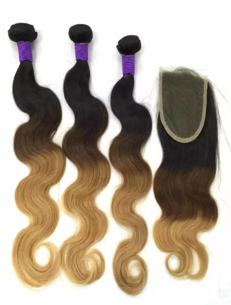 Wave del corpo brasiliano Human Remy Hair Weaves 34 bundle con chiusura Ombre 1B427 Colore Doppio trama estensione dei capelli9745200