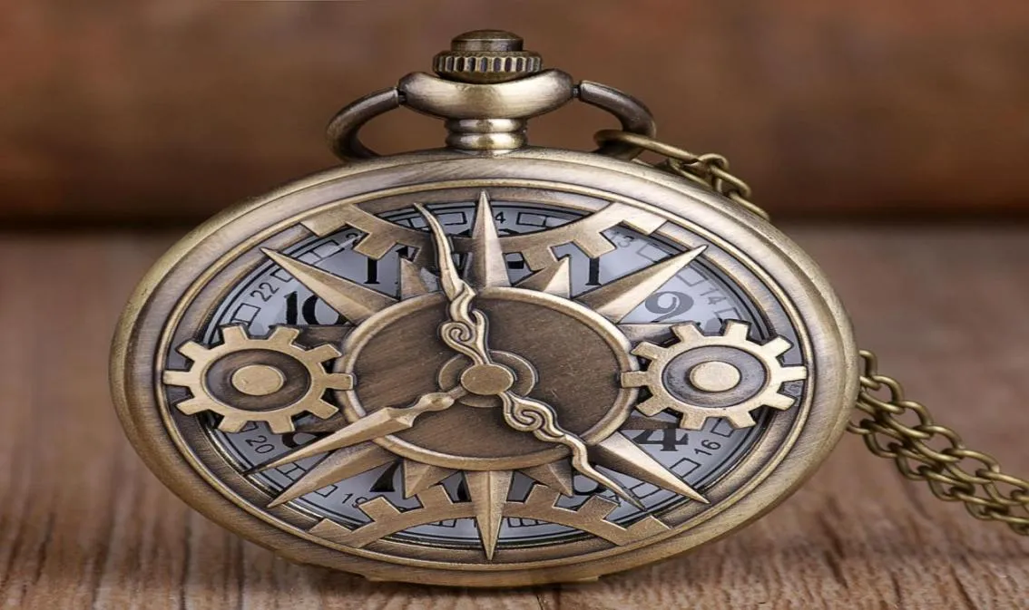 Neuankömmlinge Steampunk Retro Hollow Gear Bewegung Quarz Taschenuhr Halskette Anhänger Geschenkkette Taschenuhr Geschenke Jungen1836979