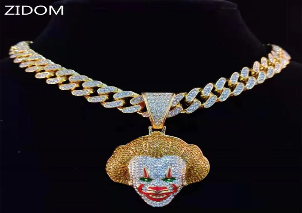 Men Women Hip Hop Movie Clown Pendant Necklace with 13mm Miami Cuban Chain Iced Out Bling HipHop Necklaces Male Charm Jewelry7414683