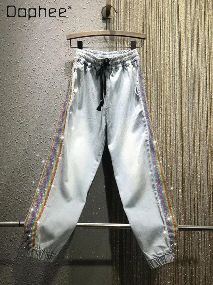 Spodnie damskie 2024 Spring Kolorowy dhineston z koraliki Elastyczne wysokie talia związane z kurekiem haremu dżinsowe kobiety w stylu koreański