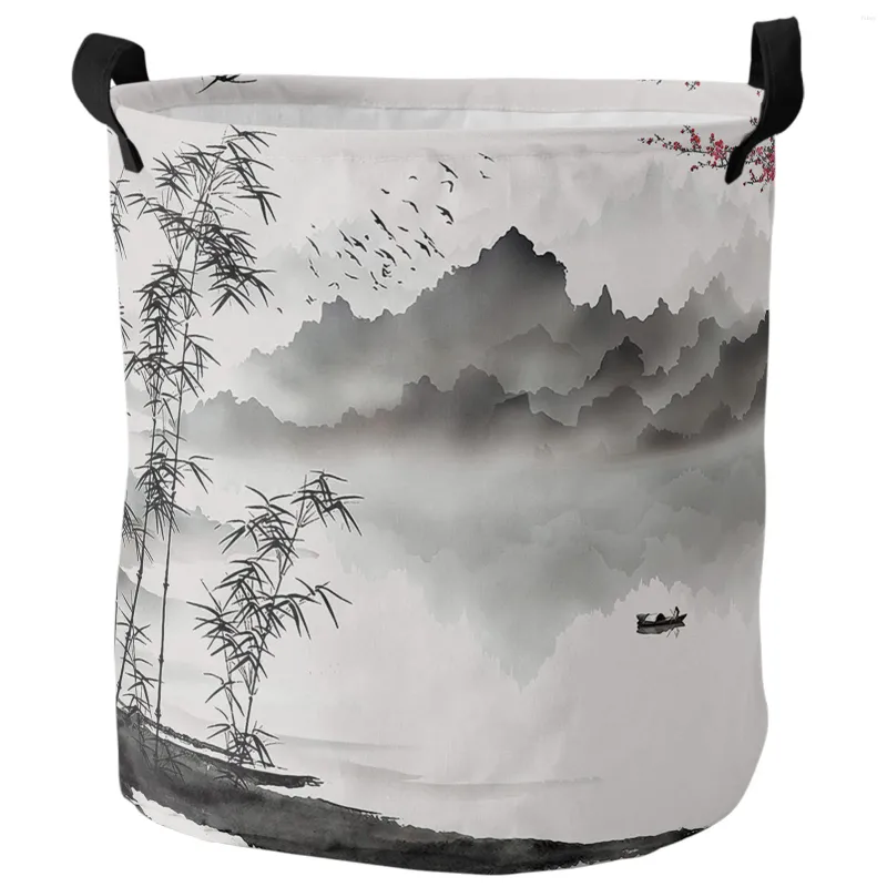 Bolsas de lavanderia de tinta chinesa paisagem pintura de bambu cesta suja cesta dobrável Organizador de roupas infantis armazenamento de brinquedos infantis