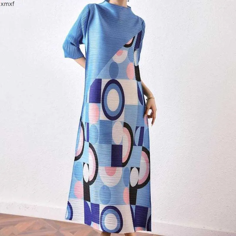 Vestidos informales Yudx Miyake Vestido plisado para mujeres 2023 Patrón de geometría de moda de verano impreso elegante de alto grado suelto más mujer 2n2n