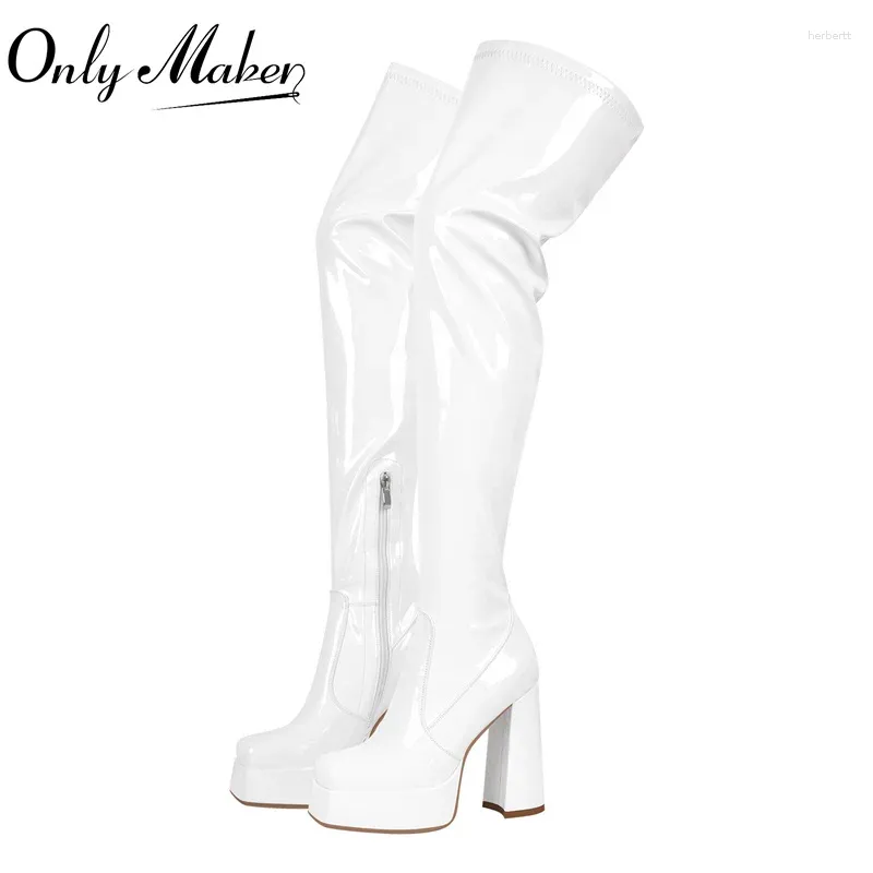 Boots Onlymaker Women Punk Platform Over The Knee White Thick High Heels Side Zipper Style Square Toe Fashion Party