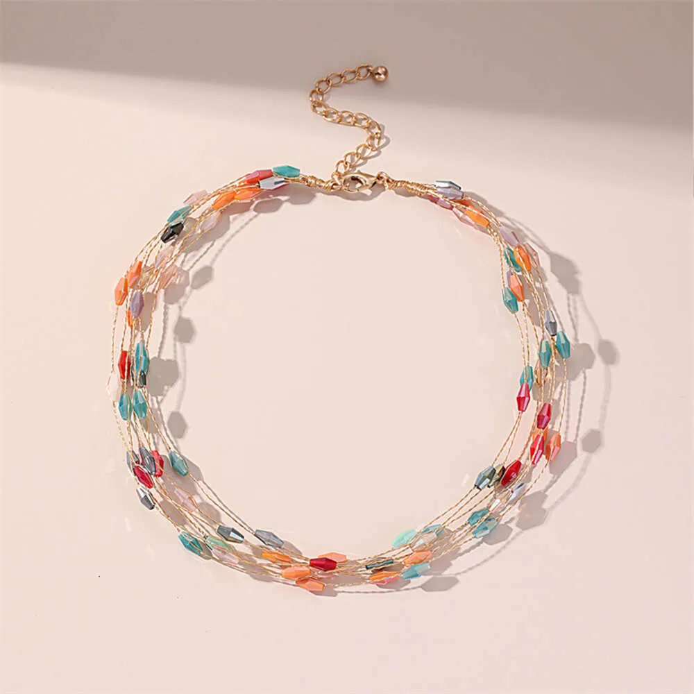 Fashionable Handwoven Colorful Crystal Necklace with Multi-layer Design and Personalized Collarbone Chain Jewelry