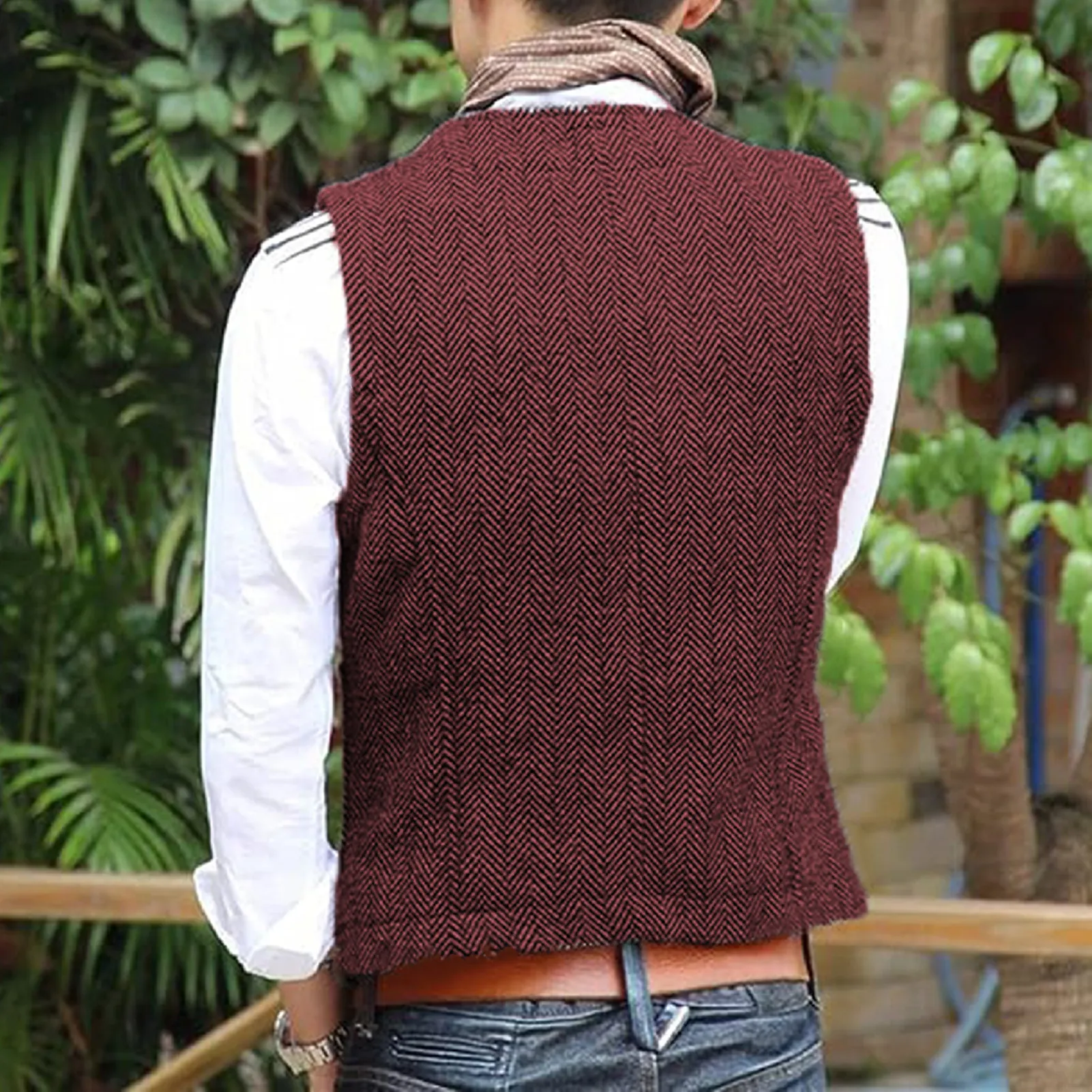 Tweed Herringbone Big Tall Mens Waistcoats Classic V Neck Casual Male Vests