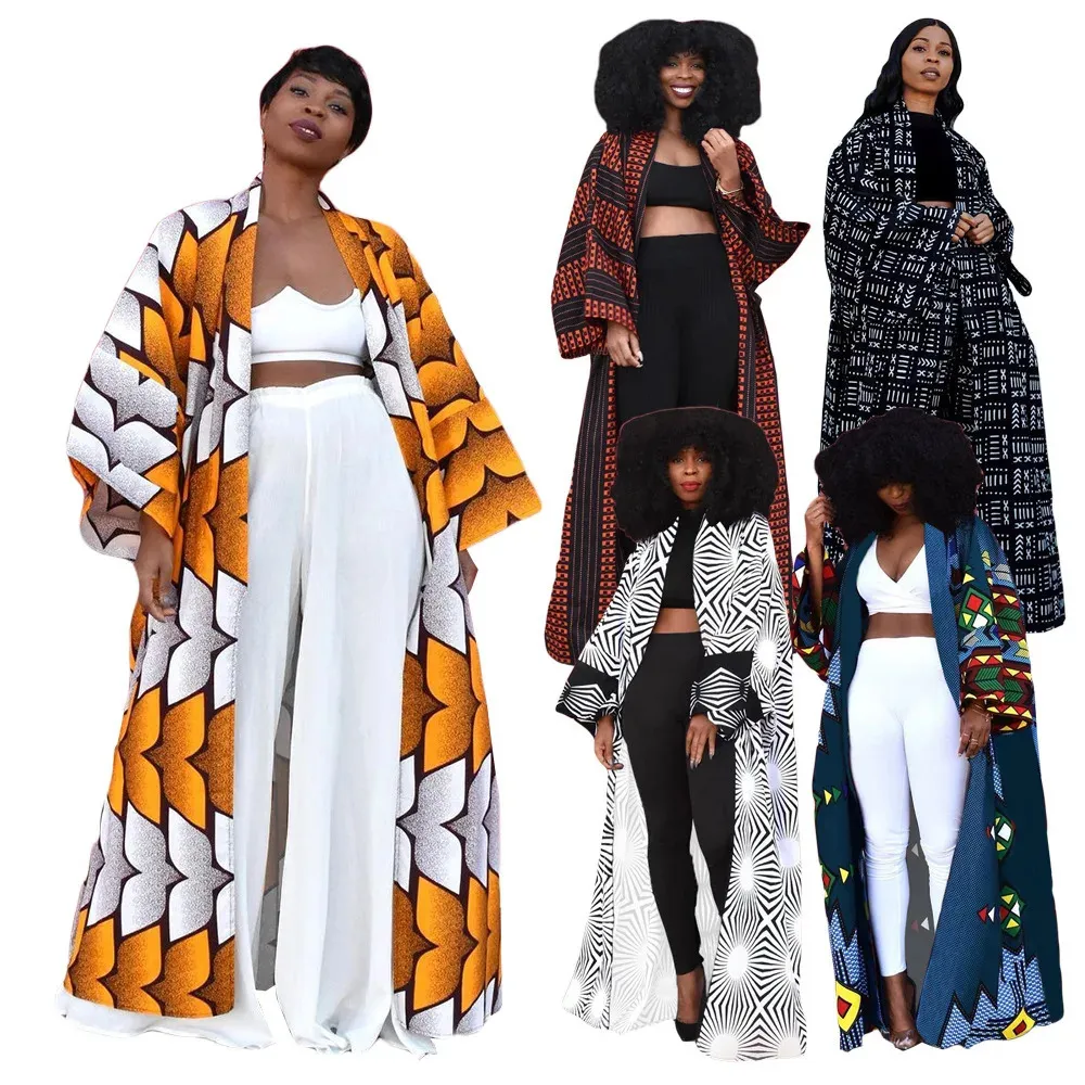 Afrikansk etnisk tryck lös lång trenchrock streetwear kvinnor dashiki afrikansk klänning mode femme boho cardigan africa kläder 240407