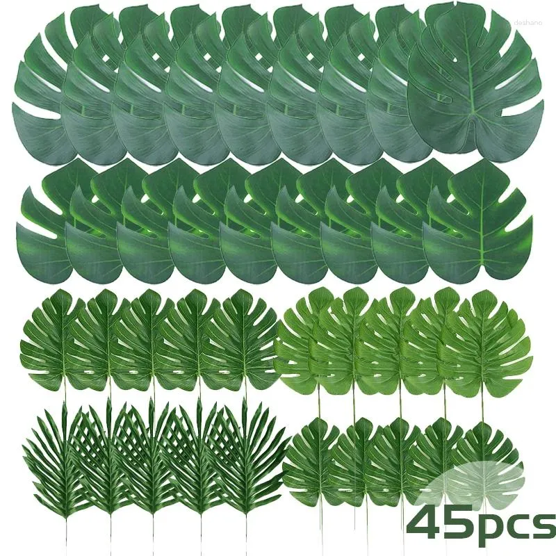 Decorazione per feste 45pcs foglie di palma artificiale Falsa tropicale verde per le decorazioni per il compleanno del matrimonio per baby show