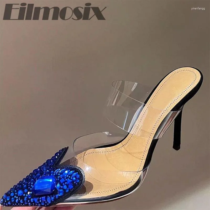 Slippers Rhinestone Transparent PVC Women Fairy Style Pointed Toe Thin Heels Mules High End Banquet Celebrity