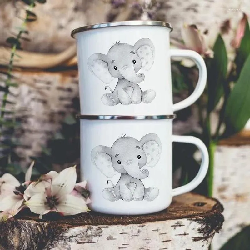 Kupalar fil baskı yaratıcı kamp kahve çay su bardaklar içecek kahvaltı süt fincan emaye sapı içecek eşyaları yürüyüş kupa hediye