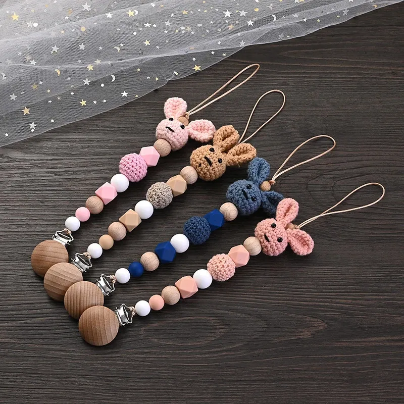 Baby Wooden Pacifier Clip Wood Crochet Rabbit Teething Soother Chain For Nursing Chew Toy Dummy Holder A Free 240409