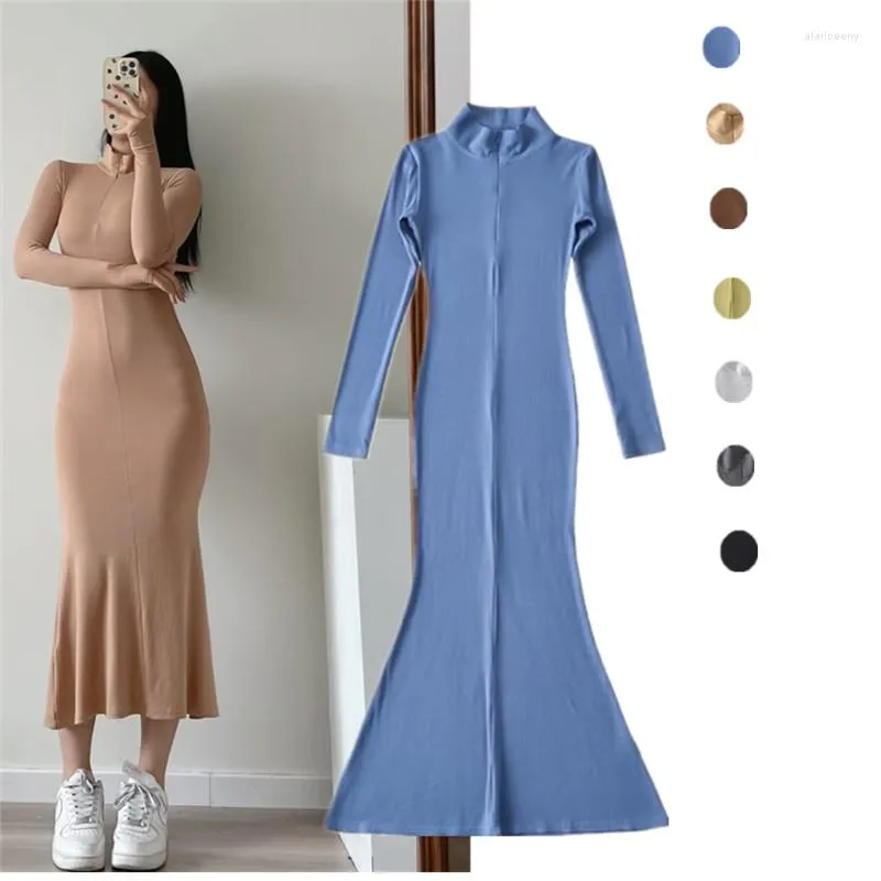 Casual Dresses Sexy Style Half Zipped Stand Collar Sunken Stripe Finger Fit Design Long Sleeve Dress Women's Pure Want To Close Waist And