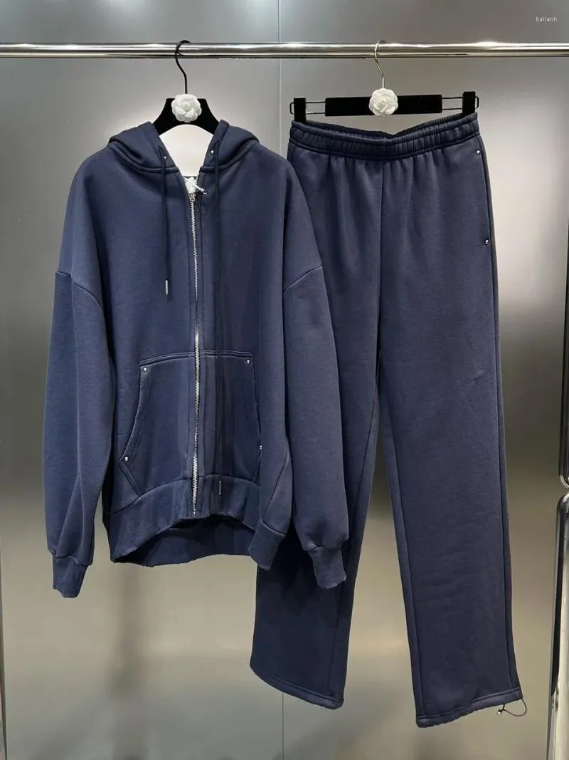Kadınlar İki Parçalı Pantolon 2024 Sonbahar/Kış Kapşonlu Uzun Kollu Cep Gevşek Büyük Versiyon Hoodie Hardigan Düz ve Polar Takım