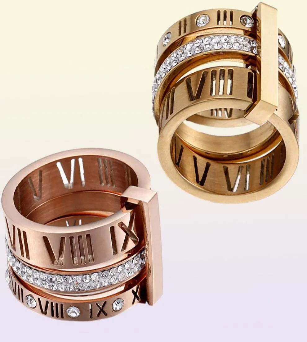 Дизайнерский стек из нержавеющей стали Золотое кольцо для женщин Циркон Алмаз Римские цифры Свадебные обручальные кольца55419489687829