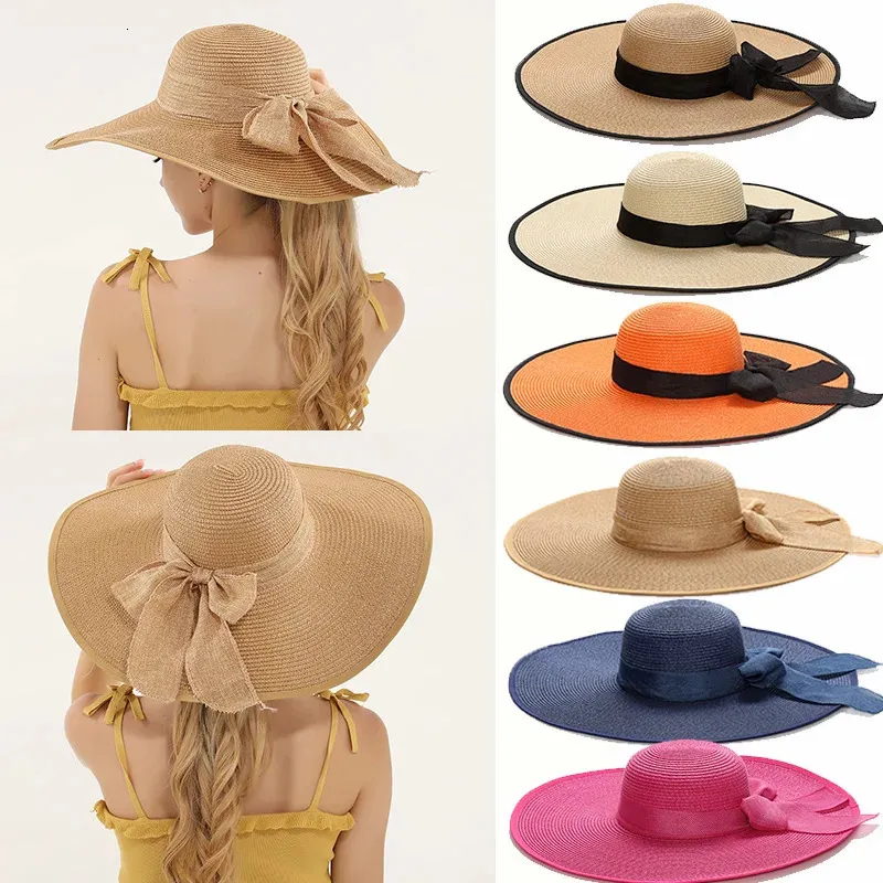 15CM Wide Brim Beach Straw Hats For Women Simple Foldable Summer Outing Sun Hat Fashion Flat Brom Bowknot Uv Protection Panama 240412