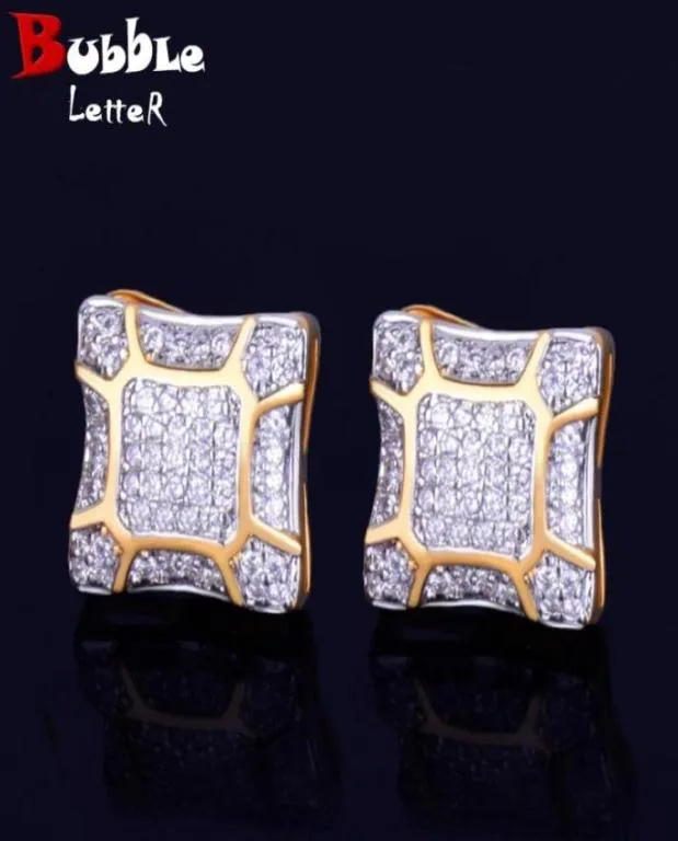 Icedout Men Earring Square Stud Double Color Material Full Zircon Copper Screw Push Back Charm Hip Hop Jewelry Rock Street43152933589856