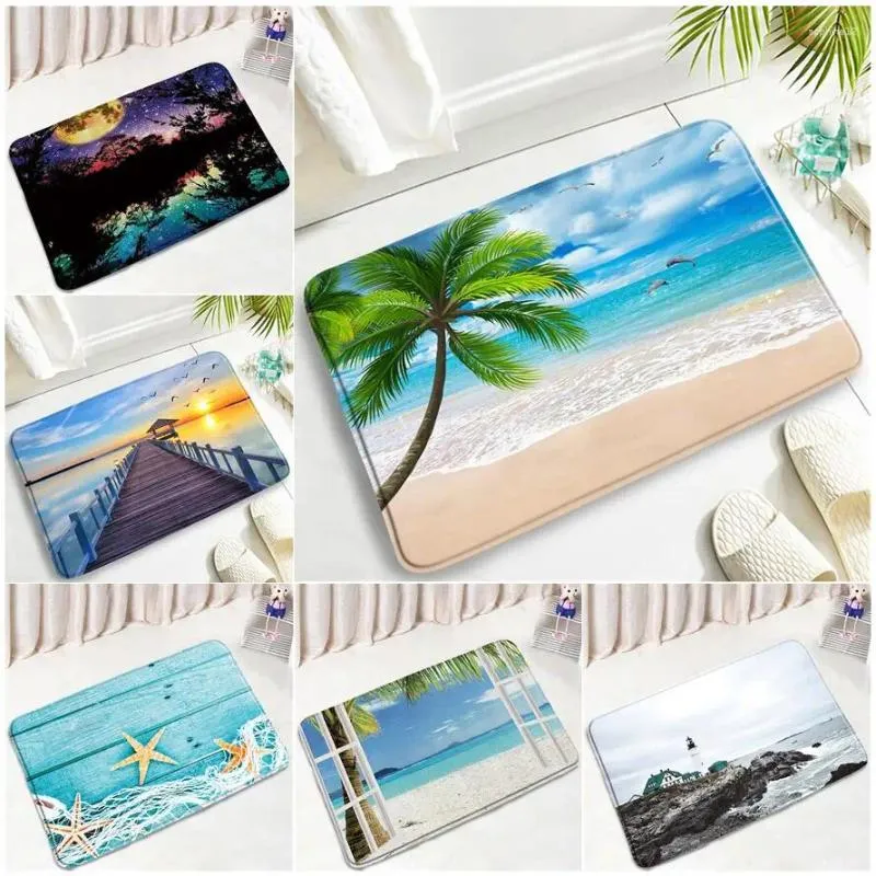 Bath Mats Palm Trees Beach Door Sea Wave Dolphin Starfish Bird Lighthouse Ocean Scenery Home Kitchen Carpet Bathroom Decor Rugs