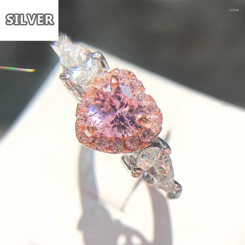 Ringos de cluster 925 Casamento de prata para mulheres Pink Heart Coração cúbico Anel de noivado de zircônia Diamante de jóias de noiva