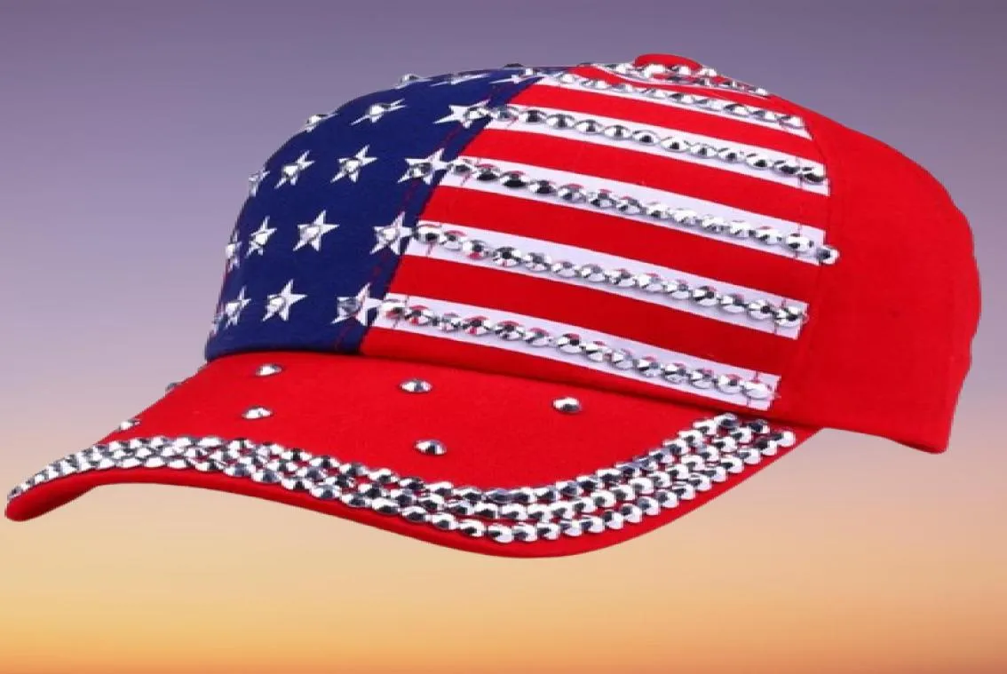 Fashion Casual Casquette Women Baseball Cap Girls Sparkle Rhinestone USA IC American Flag Lady Cap Hats3557342