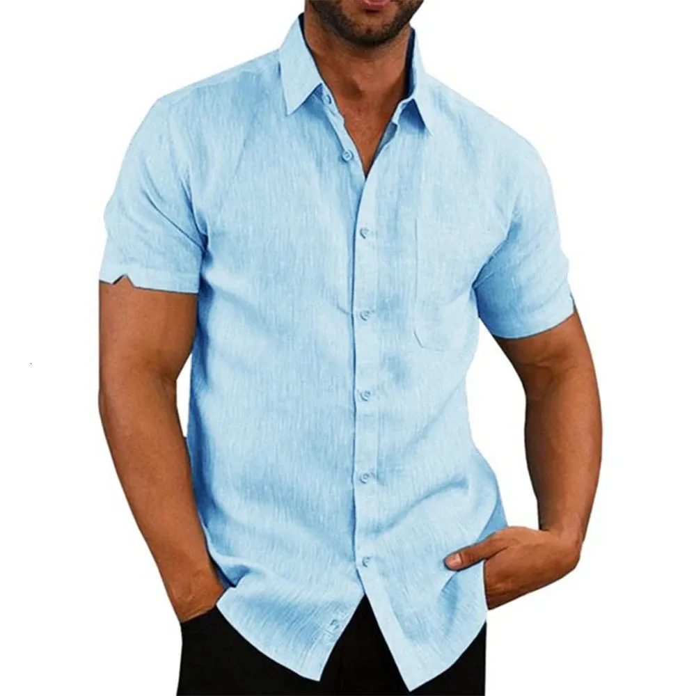 قمصان من الكتان القطني القصير بأكمام قصيرة الصيف ألوان صلبة طوق بطول الشاطئ غير الرسمي بالإضافة إلى الحجم 240329