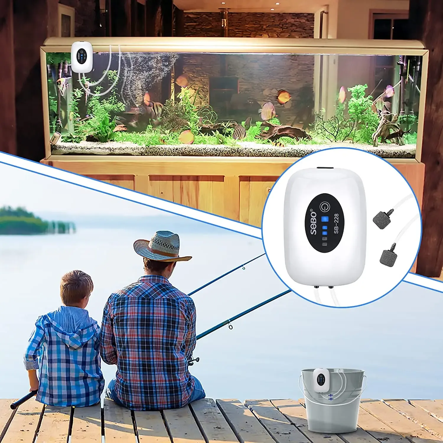 Définit la pompe à air d'aquarium rechargeable portable Pompe à pêche pompe à air USB Batterie Aquarium Bubbler 2 Pièdes de pêche extérieure