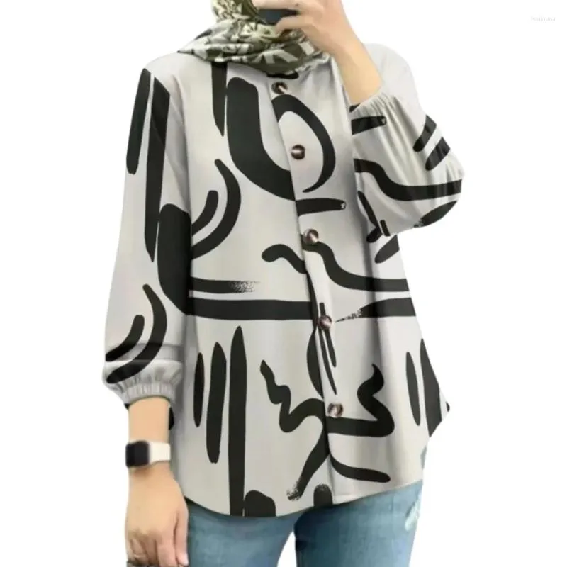 Ethnic Clothing Comfy Fashion Holiday Parties Shirt Tops Long Sleeve Muslim O Neck Polyester Printed Ramadan Ruffles Blouse Blusa