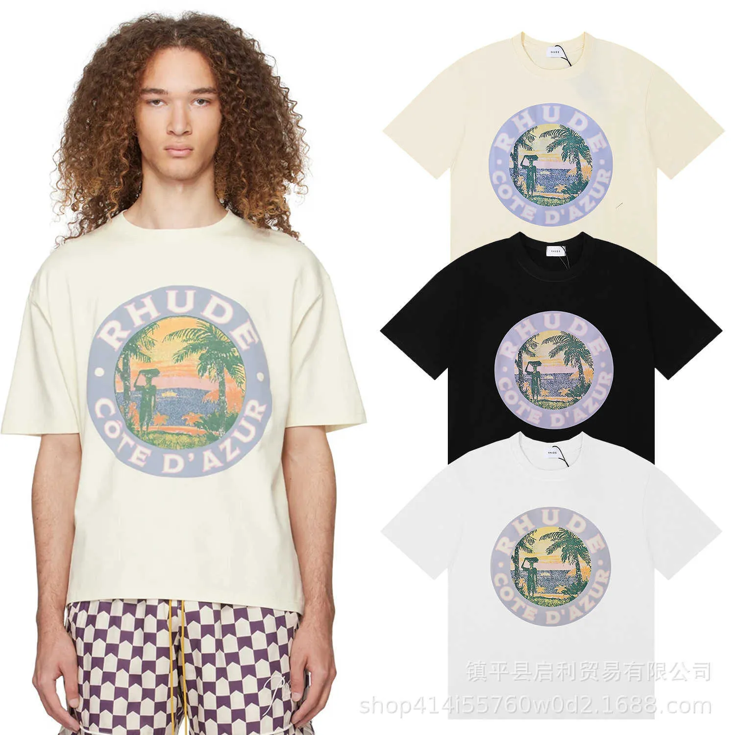 Meichao RH High Street Lake Coconut Tree Landscape Imprimée T-shirt à manches courtes en coton pur pour hommes et femmes