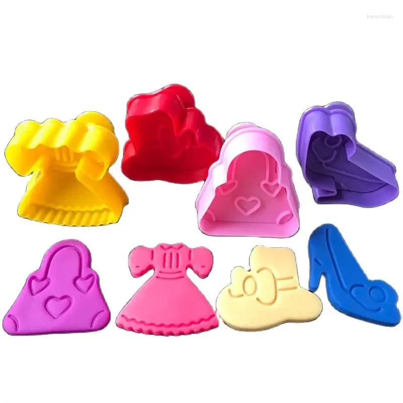 Backformen 4pcs Modetasche Hut Kleid High Heel Schuhe Cookie Cutter Fondant Kuchenform Dessert Sandwich Keks Dekoration Werkzeuge Schimmel Form