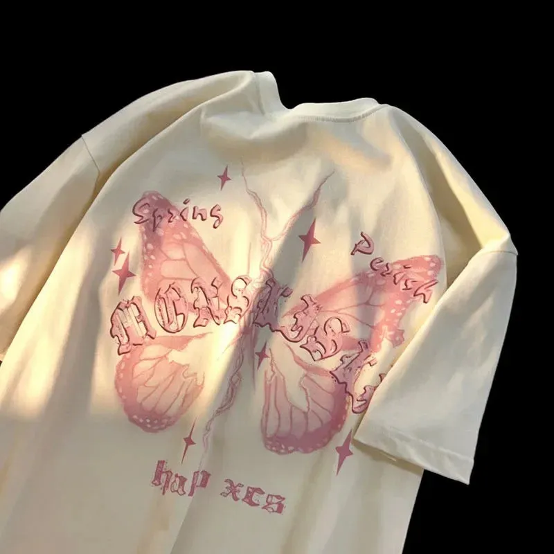 American Retro Pure Cotton ed Short Sleeved Tshirt for Men and Women Loose Versatile Couple Half Top 240402