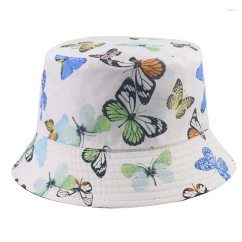 Bérets Femmes Summer Short Brim Suncreen Bucket Hat coloré pour imprimé papillon Réversible Harajuku Hip Hop Fisherman pliable