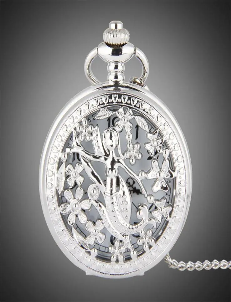 TFO Pocket Watch Silver Hollow Petals Surround Dancing Mermaid Design Pendant Ladies Fashion Gift Necklace8093628