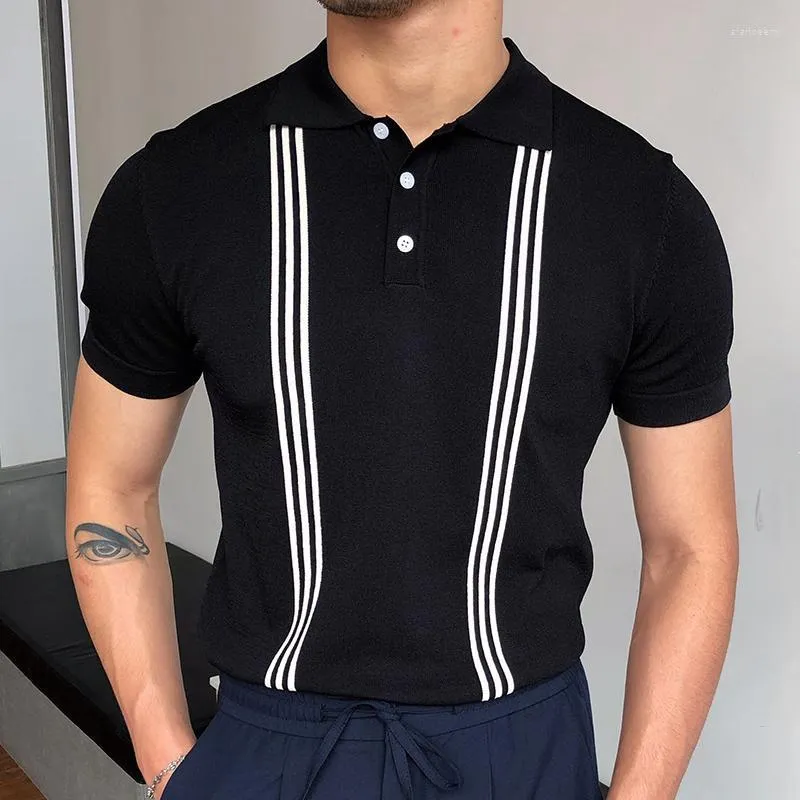 メンズポロスファッションストライプコントラストカラービジネスカジュアルシンTシャツブラック半袖スリムポロシャツの男性
