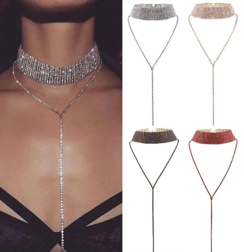 Luxo de pingente de diamante de diamante de diamante Cristal Charker Cara grossa de colares mulheres Acessórios para moda de joias de várias camadas8944812