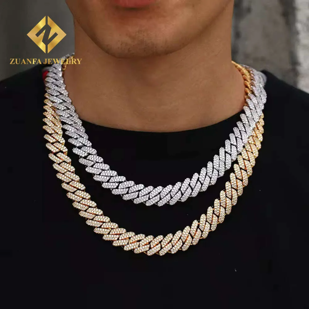 Partihandel 14mm 8 "18 '' 20 '' Hip Hop -halsband Sterling Sier 2 Rows VVS1 Moissanite Diamond Prong Iced Out Cuban Link Chain