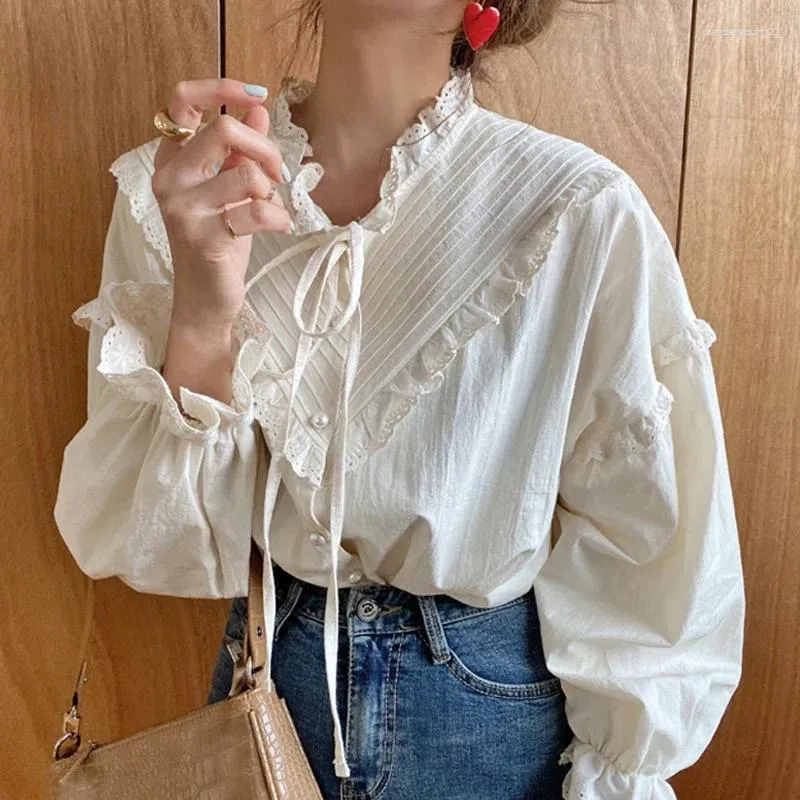 Blouses voor dames solide lange mouw Koreaanse stijl boog losse vintage casual elegante tops 2024 vrouwen uitgehold shirts blusas 9580