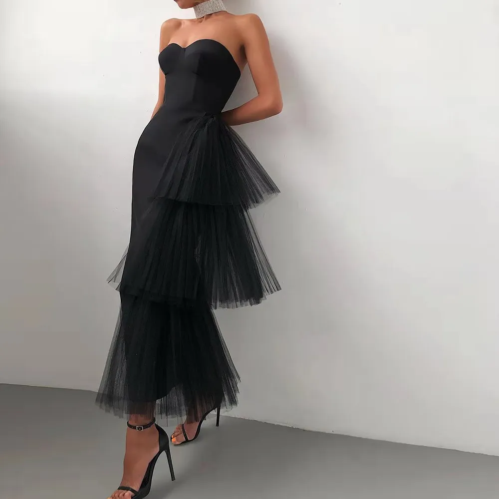Seksowna czarna osłona wieczorna sukienka ukochana falbany Tiulle satynowe kostki Kobiety PROM Formalne suknie