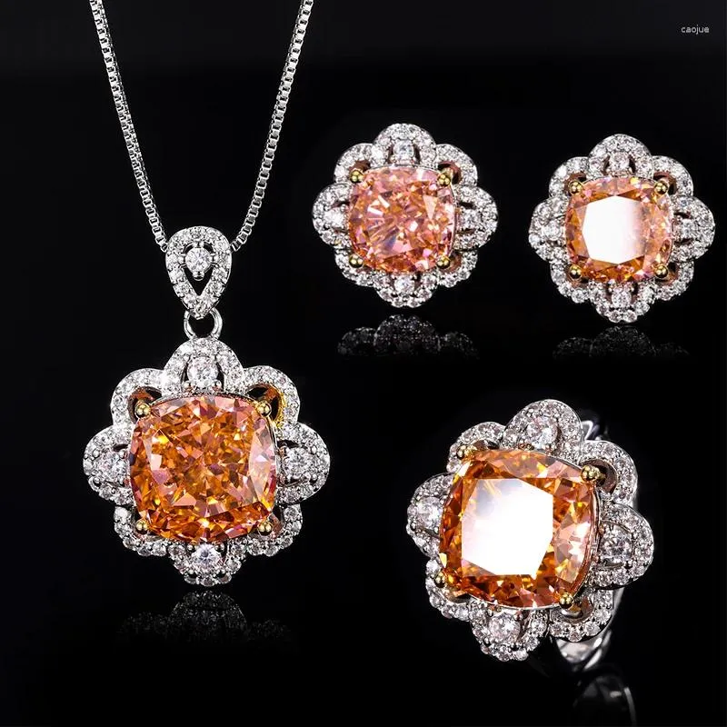 Necklace Earrings Set EYIKA Luxury High Quality Crushed CZ Flower Pendant Ring Pink Padparadscha Women Wedding Fine Jewelry