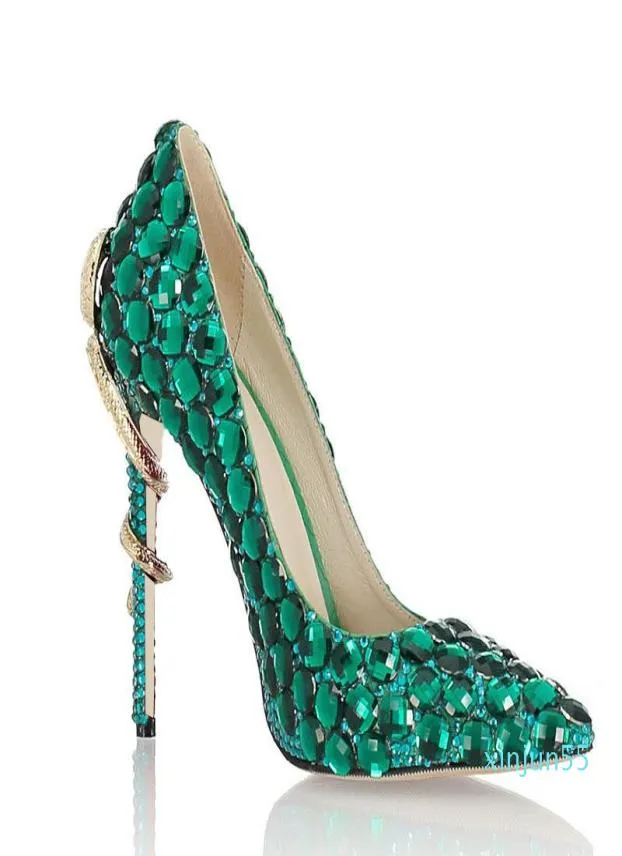 DesignRergreen Rhingestone Talon de talon de talon Femme Femme Unique Vérite cuir pointu Pospeaux de talons hauts9908304