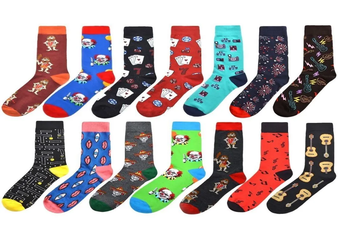 High Quality Men Happy Socks Novelty 14Colors Cartoon Clown Guitar Socks Men Combed Cotton Calcetines Largos Hombre 2pcs1pairs6700156