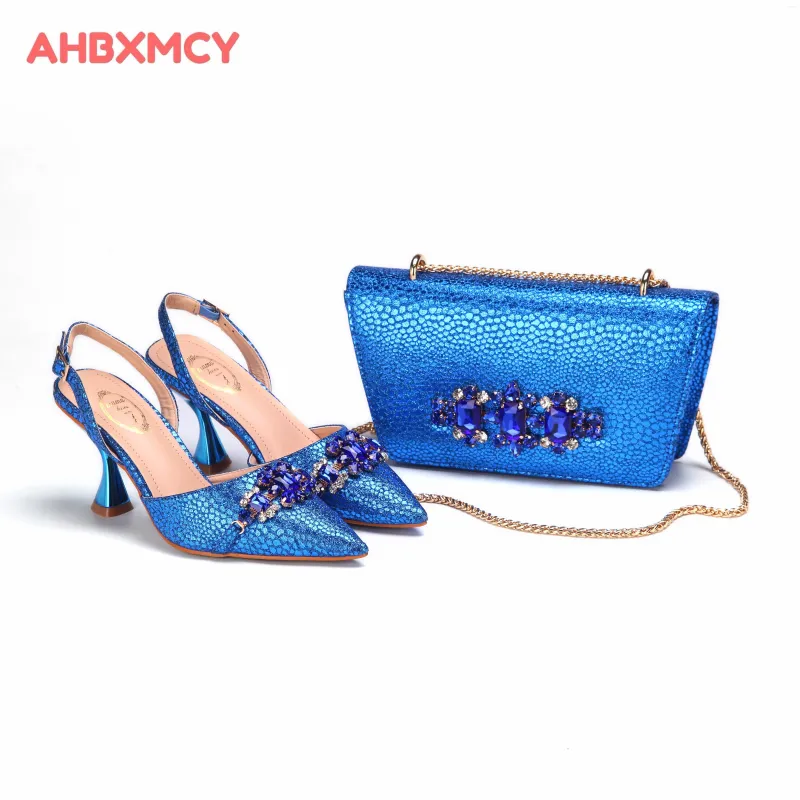 Klänningsskor Royal Blue Thin Heels Point Toe Ladiies Sandal med Handalbag Set för Mature Ladies Wedding Party Pump