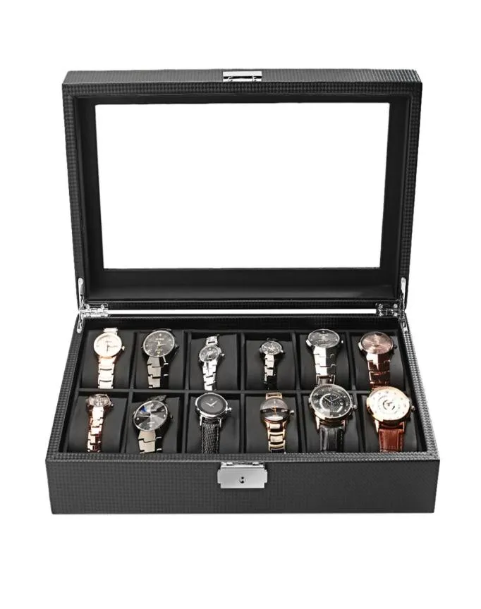 Carbon Fibre Highgrade 12 Slots Display Design Bijoux Affiche Boîte de montre Box Rangement Black Watch Haters Case2431155