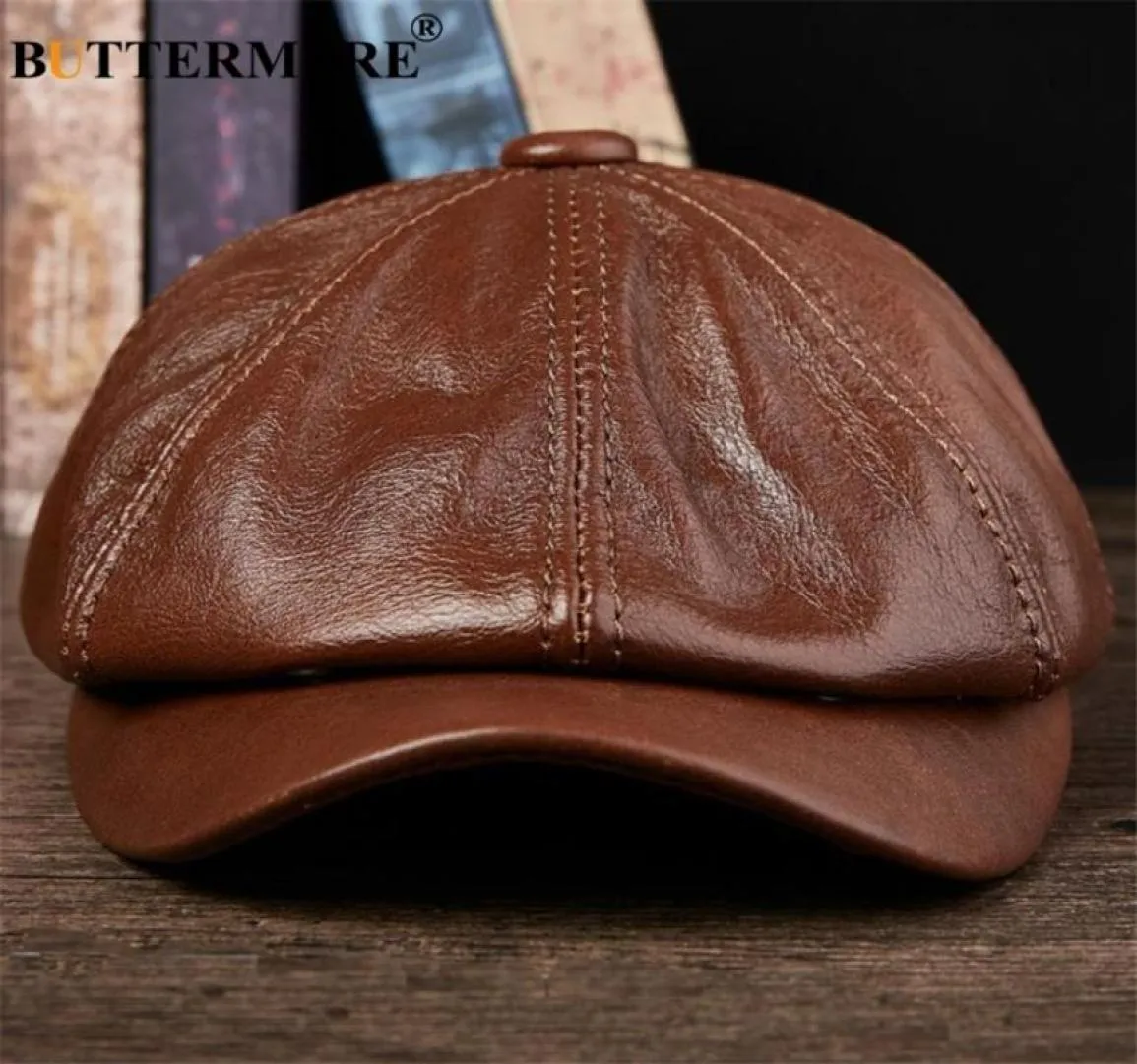 Buttermere Genuine Leather Newsboy Cap Men Real Winter Hat Winter Black Brown Vintage Vintage Cap Ottagonal For Flat Cap 2012043774023