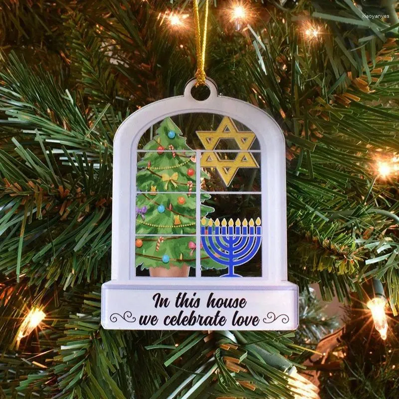 Decoração de festa 1 peça personalizada ornamento de hanukkah ornamentos acrílico para árvore nesta casa, celebramos o amor menorah